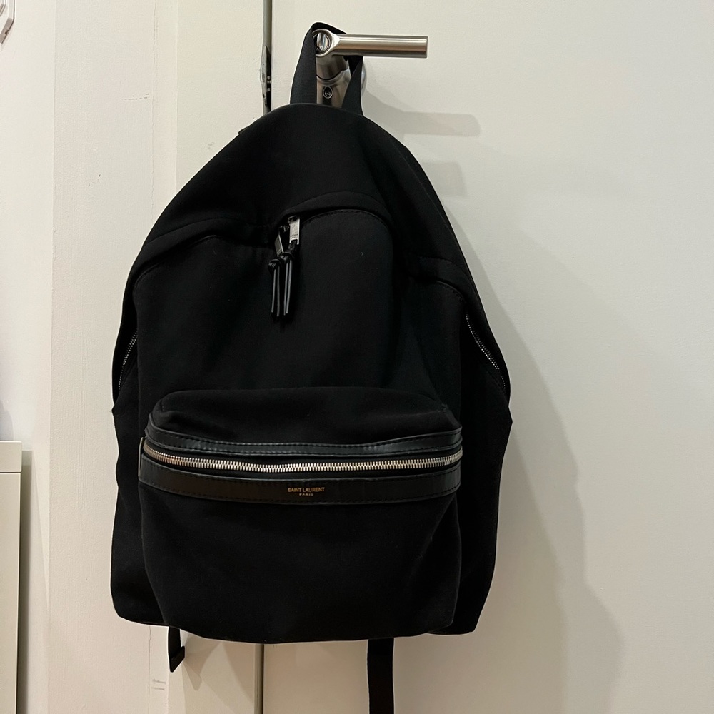 Saint Laurent CITY TOY BACKPACK IN ECONYL®, SMOOTH LEATHER AND CANVAS